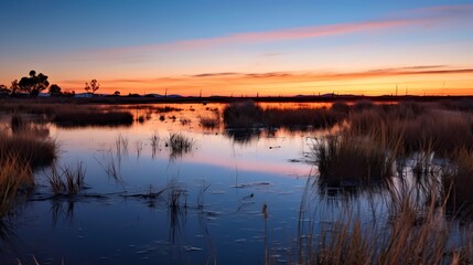 Serene Sunset Over Still Wetland Waters Reflecting Sky