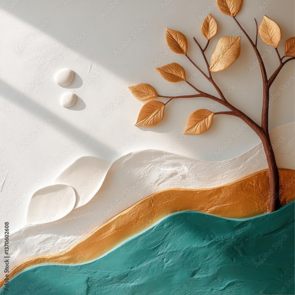 Poster textured wall art featuring a golden tree with leaves against white and turquoise abstract landscape