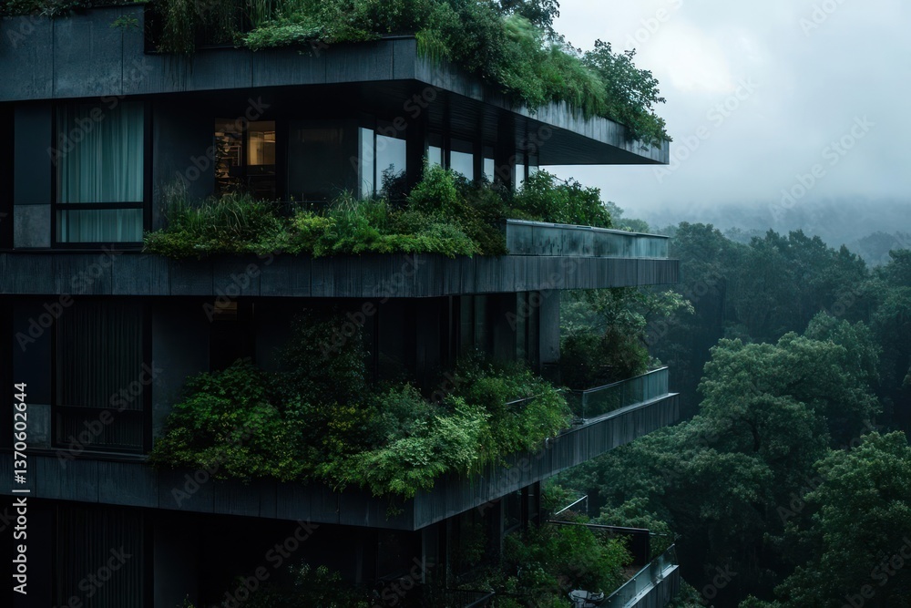 Aufkleber modern apartment building with green rooftop garden in rain with forest background and green trees v