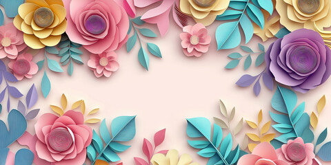 Colorful paper flowers and leaves creating a beautiful frame