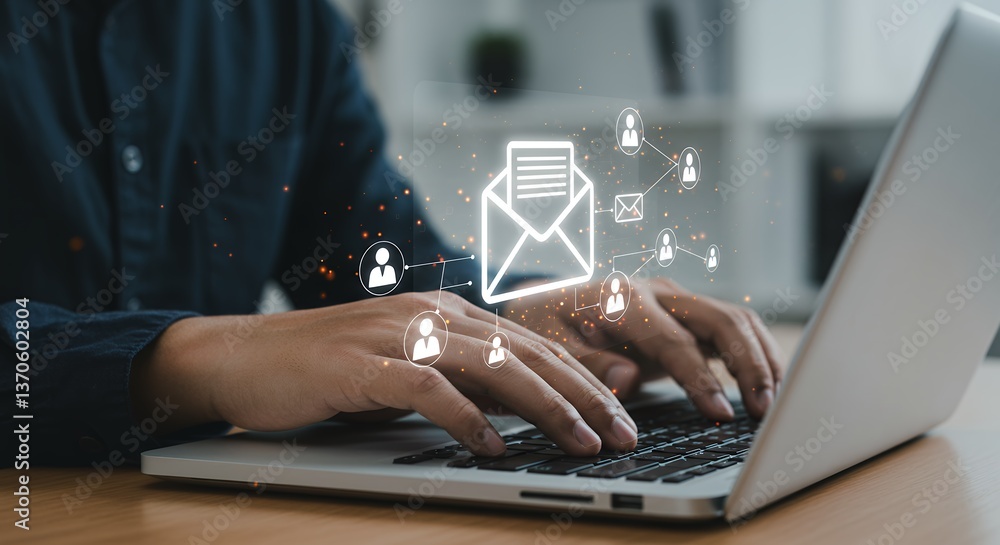 Poster man typing on laptop sending email connecting with network communication