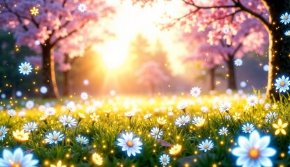 Obraz premium Nature awakening with blooming daisies and cherry blossom trees in a radiant sunrise