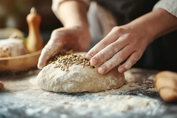 Obraz premium Hands kneading dough with seeds on rustic floured surface, close-up