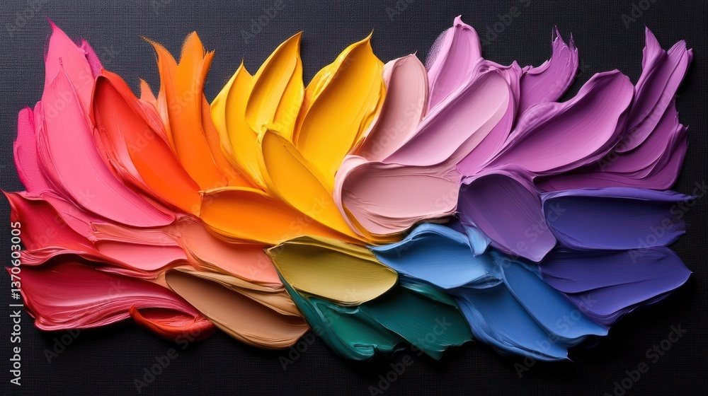 Fototapete Vibrant abstract color palette arranged in a fan shape with textured brushstrokes against a dark background representing artistic expression and color diversity
