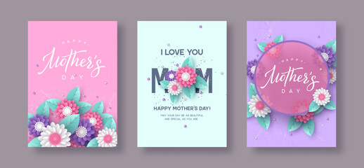 Set of Happy Mothers day typography floral posters, cards. Handwritten calligraphy with 3d paper cut flowers and leaves on purple background. Vector illustration.