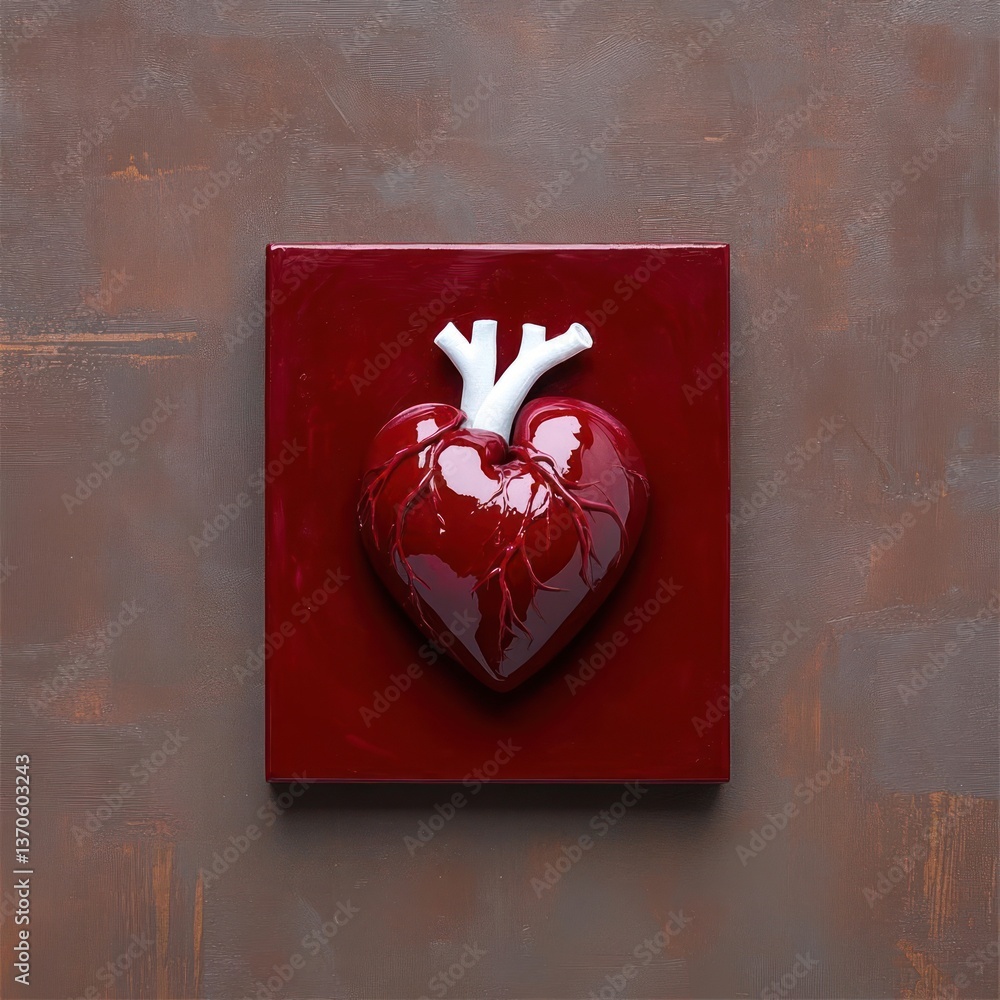 Poster top-down view of a heart sculpture with blood-red color and white veins on a red square against a ru