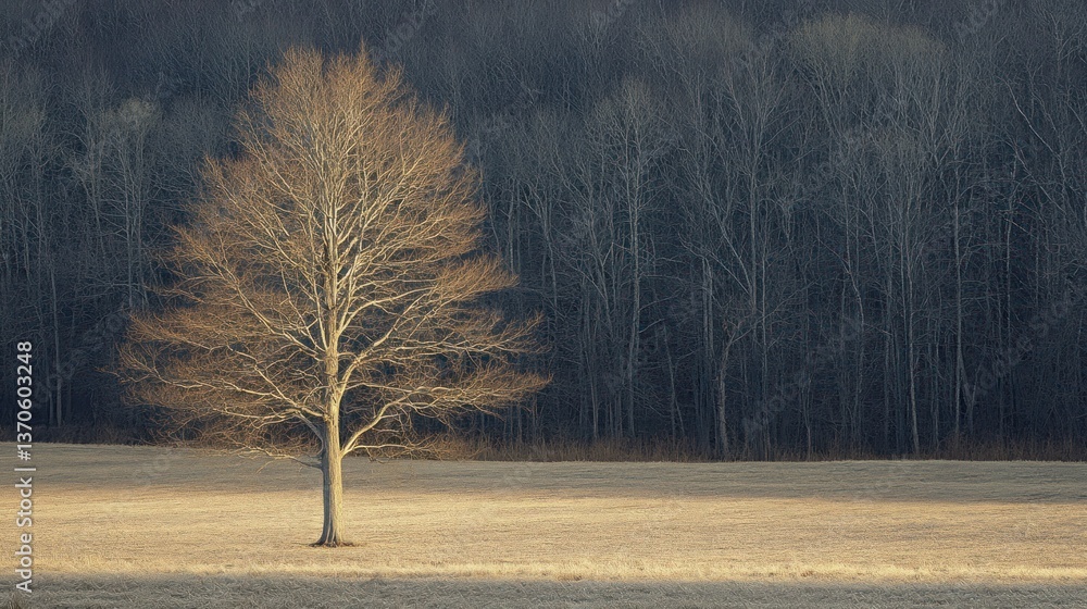 Aufkleber a single tree stands in a field before a dense forest backdrop