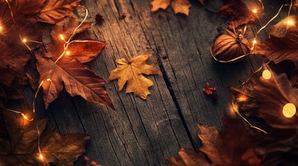 Obraz premium A cozy autumn arrangement of leaves and festive string lights