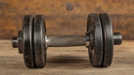 Dumbbell on Wooden Surface for Strength Training and Fitness Concept