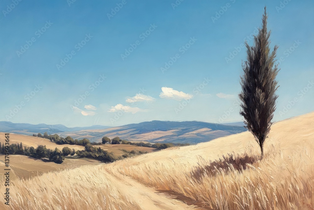 Poster rolling hills landscape with wheat field and tree under blue sky with clouds. sunlit scenery with a 