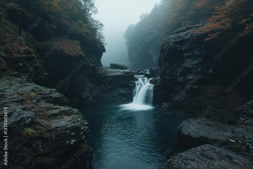 Poster scenic view of a small waterfall cascading into a serene pool surrounded by dark rocks and lush vege