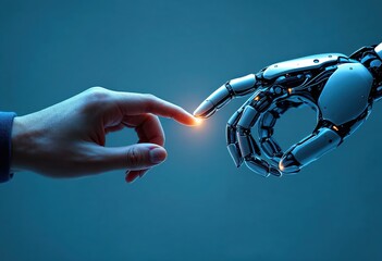 Human hand touching robotic hand symbolizing connection in futuristic world