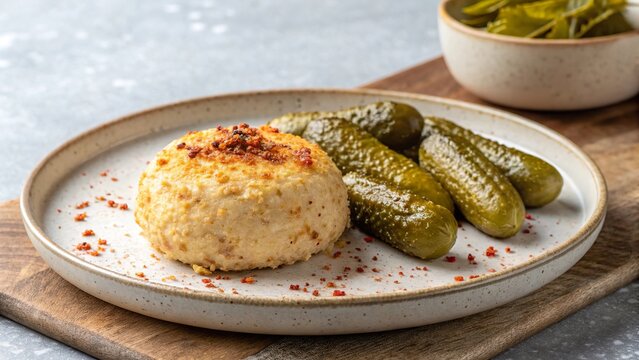 Rich and creamy boulette de Avesnes served with crunchy pickles on a rustic plate