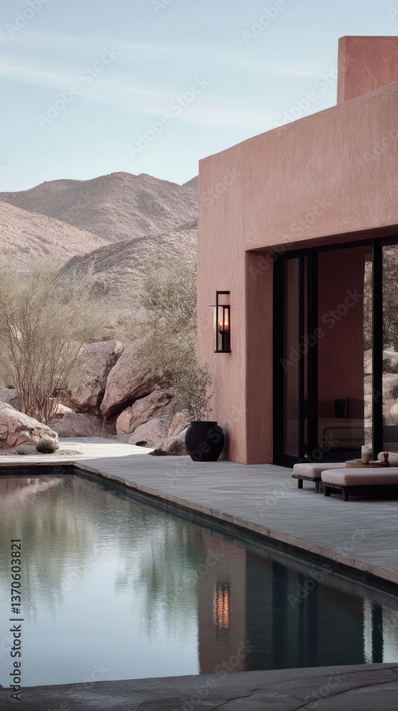 Poster modern desert home exterior with a swimming pool in front of a mountain range architectural design. 