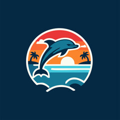 Dolphin jumping out of the water in a vector illustration with ocean waves and sun