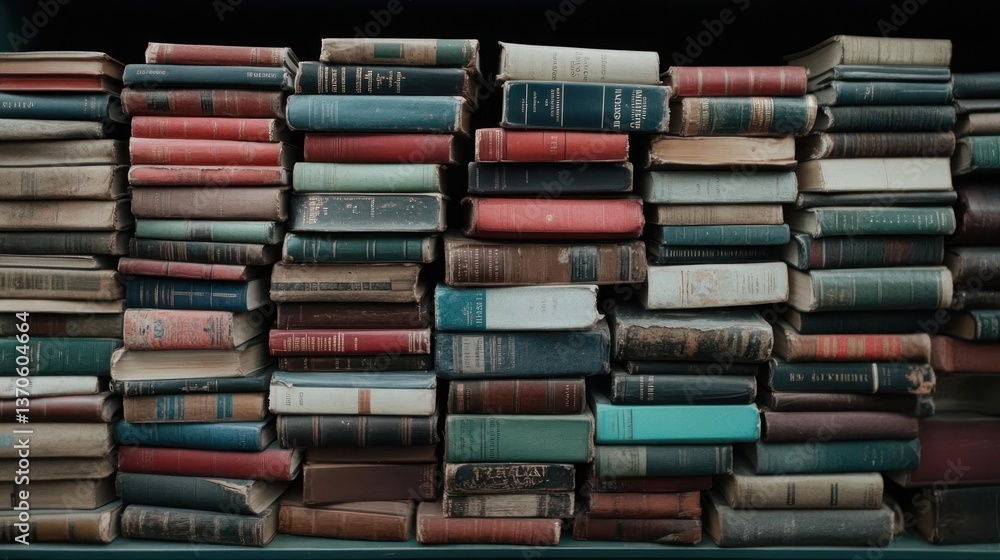 Poster Stacks of aged books with worn covers in various colors and textures creating a vintage library aesthetic. Books are neatly arranged on a shelf capturing a timeless intellectual atmosphere