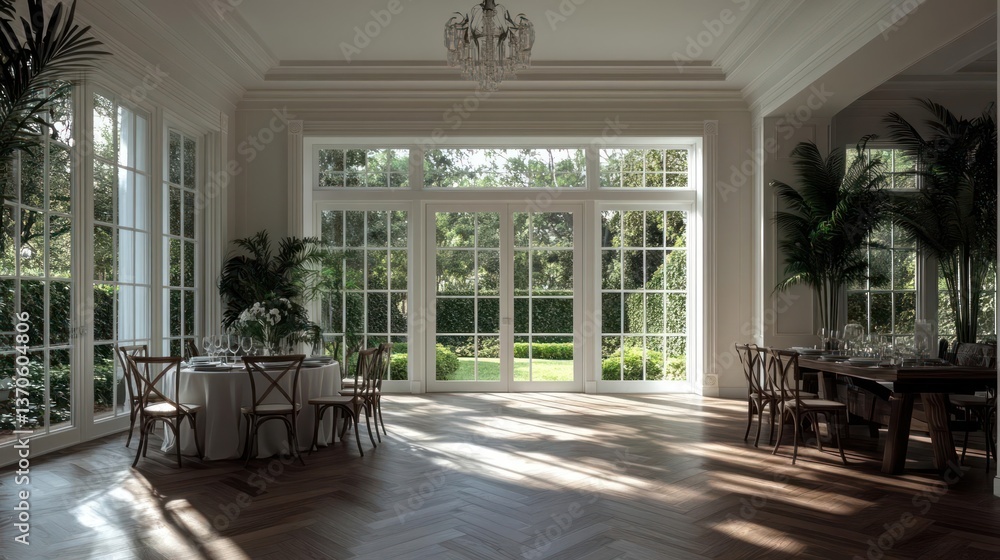 Poster elegant dining room with large windows wooden floor plants and chandelier daylight creating shadows 
