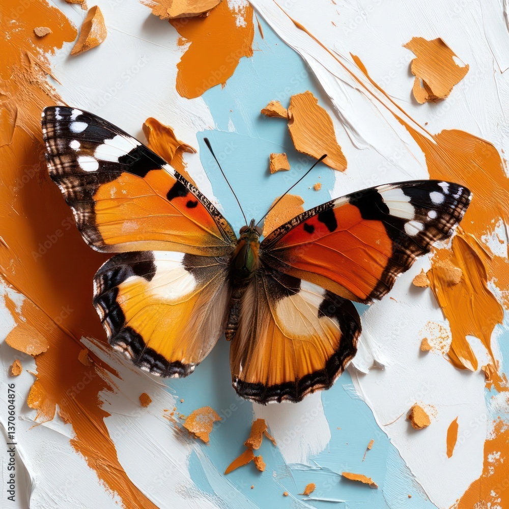 Aufkleber Vibrant butterfly perched on a textured surface with abstract colorful paint strokes
