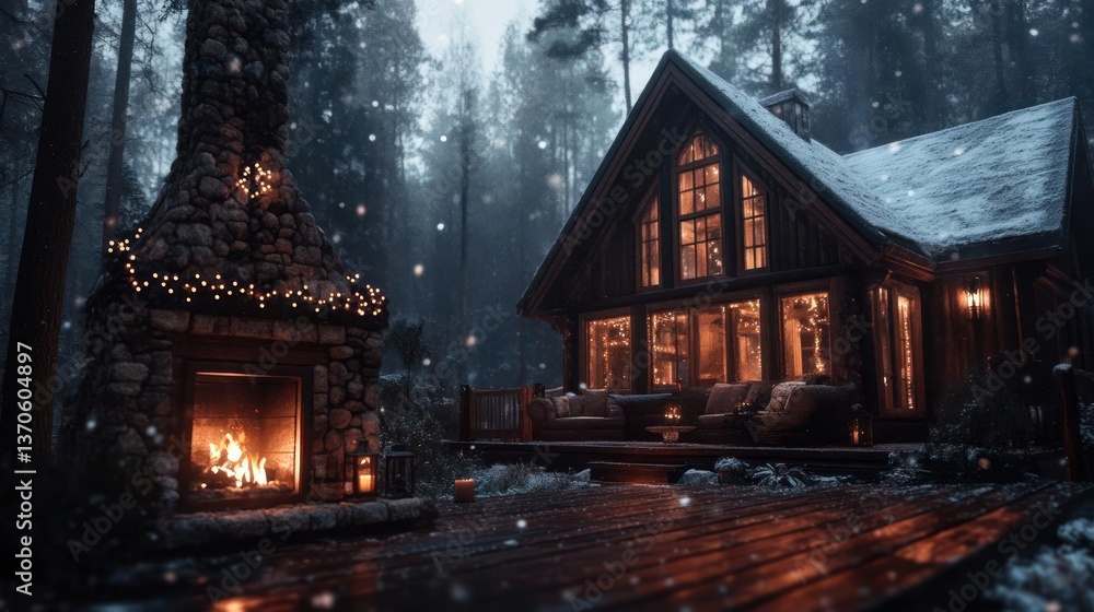 Poster cozy wooden cabin with a lit fireplace in a snowy forest setting christmas lights illuminate the ext