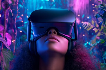 Virtual Reality Gaming Experience – Gamer Immersed in VR World with Headset and Motion Controllers, Surrounded by Vivid Fantastical Digital Landscape, Immersive Gaming