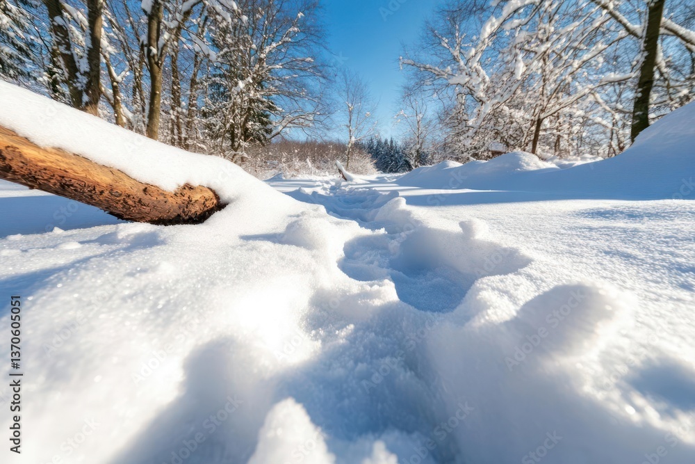 Poster close up shot of a snowy path through a winter forest. snow covered ground with footprints leading i