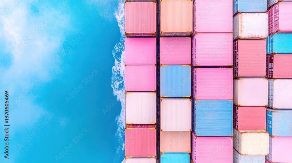 Poster aerial view of colorful cargo containers stacked in a harbor. pink and blue boxes near the turquoise