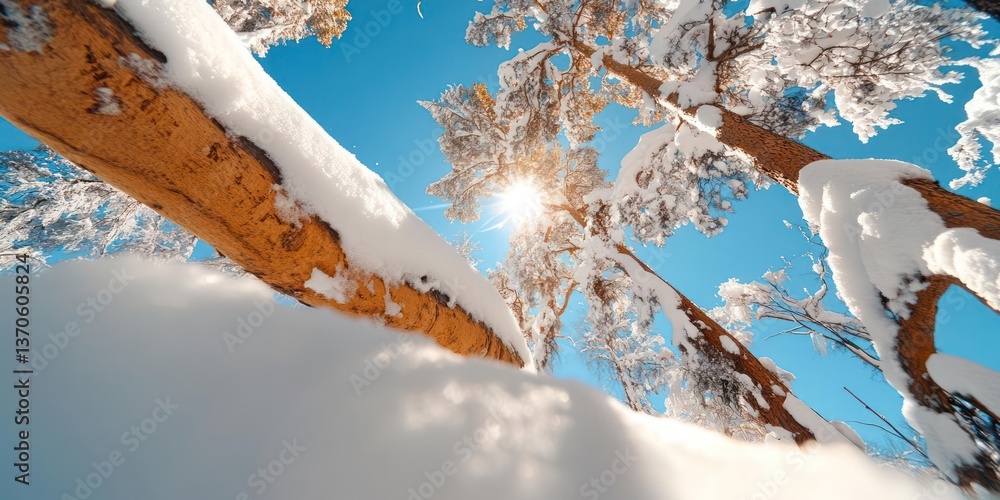 Aufkleber Looking upward view of snow-covered trees with the bright sun creating a lens flare effect against a blue sky background
