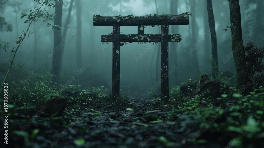 Poster mysterious wooden gate in a foggy forest setting with green foliage dark moody atmosphere