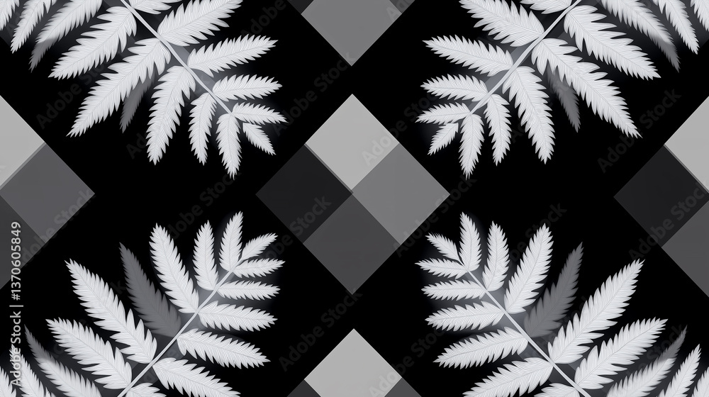 Poster white fern leaves creating a seamless pattern on geometric black and grey background