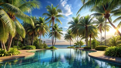 Fototapeta premium Poolside Oasis in Tropical Paradise , palm trees, serene, palm trees, serene, tropical, greenery, water, pool