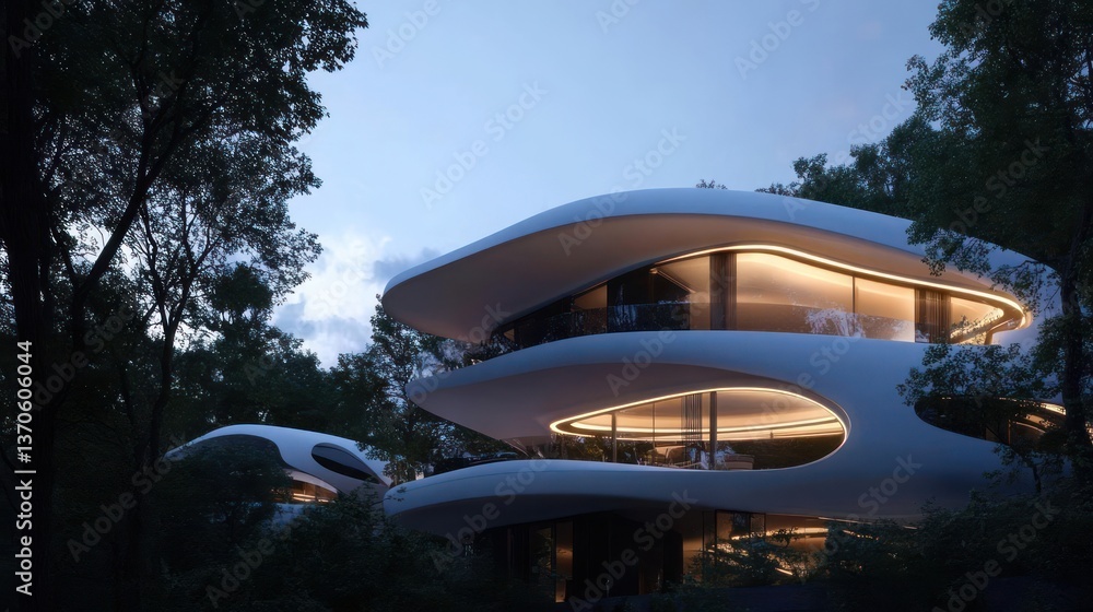 Aufkleber modern white architectural house at dusk surrounded by lush green trees with warm interior lighting.