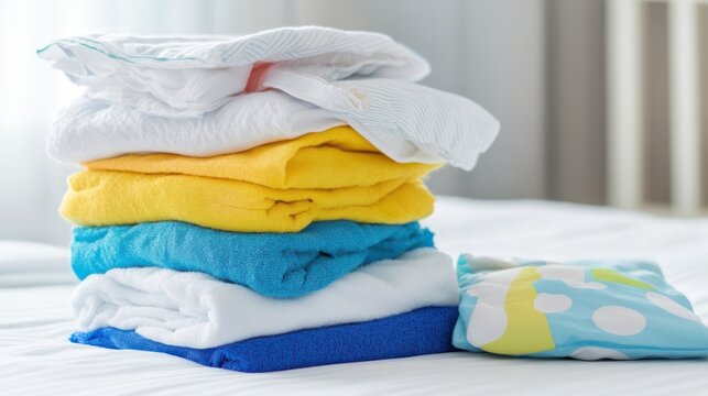 A neatly folded stack of colorful baby clothes rests on a bed, evoking warmth and care in a softly lit room, hinting at a new arrival.