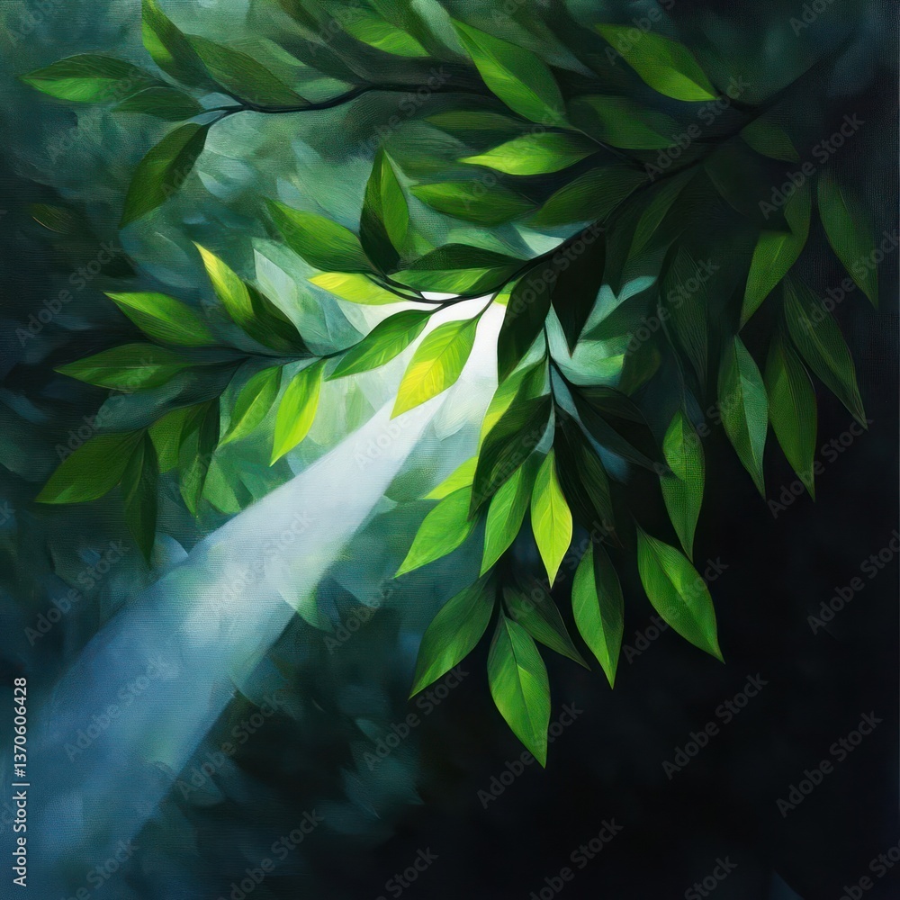 Poster a stylized painting of lush green leaves illuminated by a bright beam of light streaming through the
