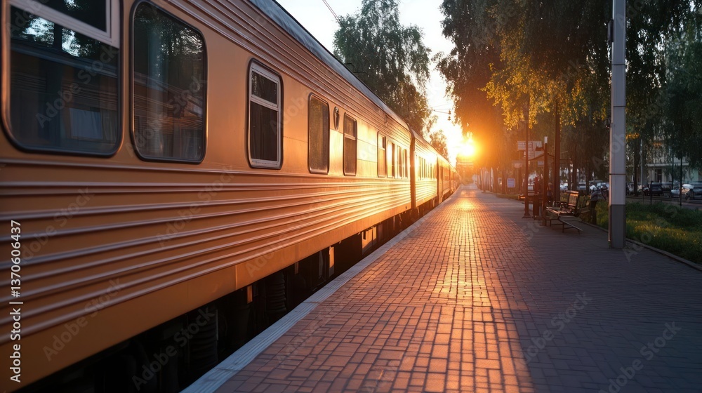 Poster Train on a platform at sunset with golden light and shadows. The train is yellow and the platform is paved with bricks, and the background features trees and buildings