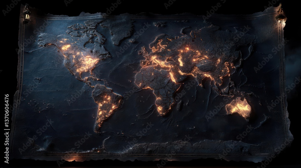 Leinwandbilder Illuminated world map with glowing city lights against a dark textured background. Depicts global connectivity and urban development. Dramatic lighting with a sense of mystery and data visualization