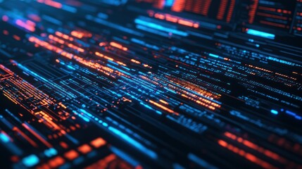 Fototapeta premium Abstract digital image with glowing blue and orange lines and patterns.