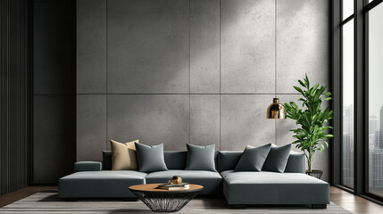 Modern living room interior with concrete wall and city view
