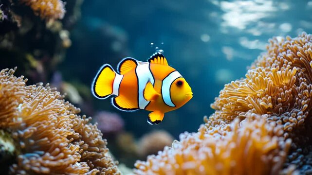 Single clownfish swimming gracefully in crystal-clear water, surrounded by a bombastic, colorful coral reef. Suitable for marketing or business purposes
