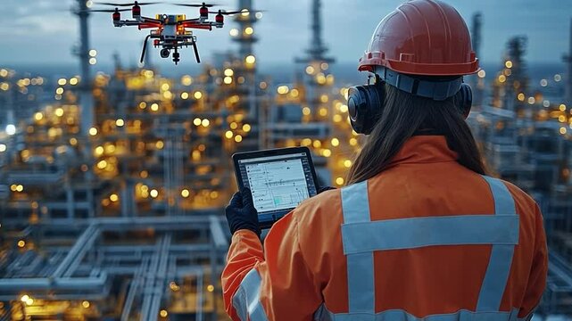 Drone Inspection in Action: A skilled engineer, clad in protective gear, monitors a drone's flight and data feedback during an inspection of a complex industrial facility.