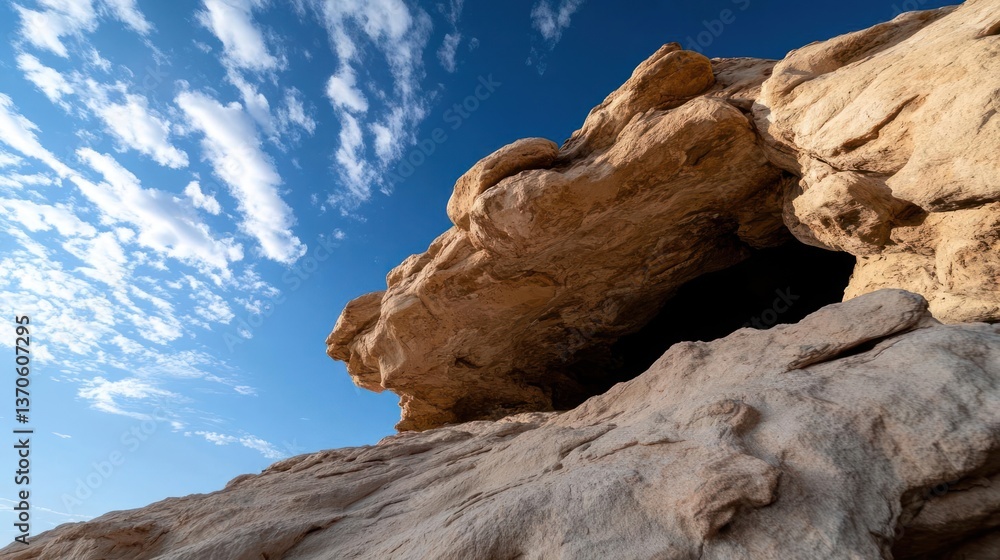Poster low angle shot of textured sandstone formation under blue sky with white clouds and a dark opening c