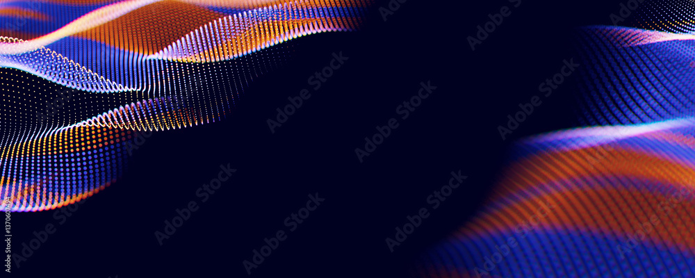 Poster Abstract wave of particles. Big data digital flow concept. LLM learning process, AI technology. Quantum computing. with central place for text