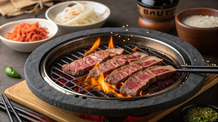Grilled beef bulgogi sizzles on a Korean barbecue grill with vibrant sides during a delightful dining experience