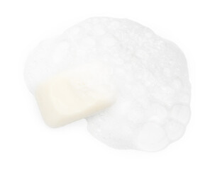 Soap with foam on white background, above view