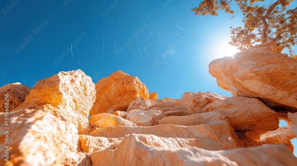 Poster low angle view of sandstone rock formation with sunburst sky scenic and warm lighting conditions in 