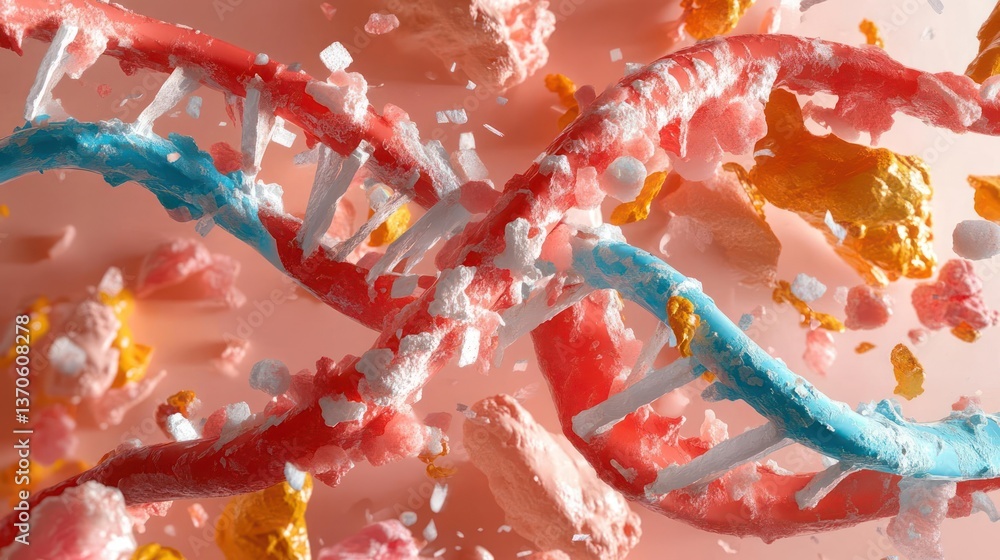 Aufkleber abstract illustration of a dna double helix structure with vibrant red and blue strands particles an