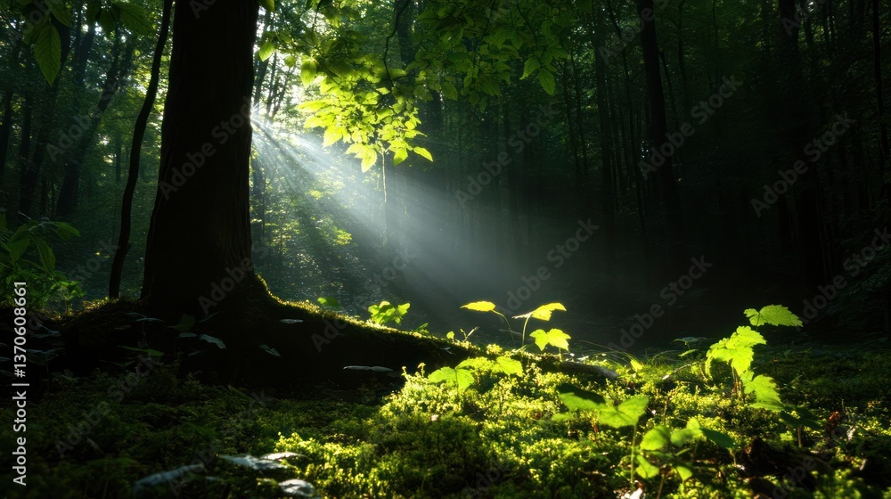 Poster Sunlight streams through lush green forest trees illuminating foliage and undergrowth creating a vibrant natural scene with a bright ethereal effect and dappled lighting