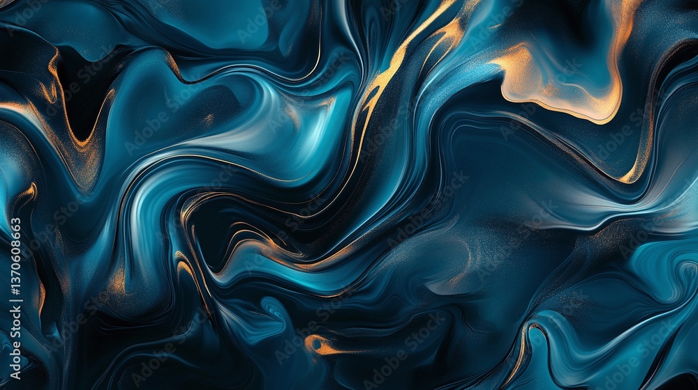 Poster abstract fluid swirl: a mesmerizing dance of teal and golden hues swirls, evoking a sense of depth a