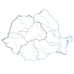Romania map with Transylvania, regions and waterways