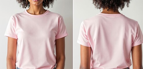 Woman in pink color t-shirt on white background