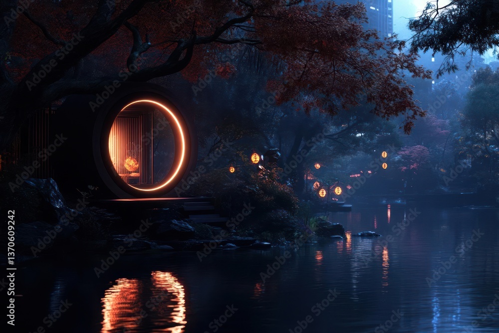 Poster serene night scene with circular portal glowing orange reflection on still water surrounded by trees